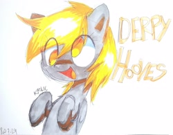 Size: 3433x2673 | Tagged: safe, alternate version, artist:kruvvv, derpibooru import, derpy hooves, pony, g4, cross-eyed, hooves to the chest, irl, open mouth, photo, raised hoof, raised hooves, raised leg, simple background, sketch, solo, text, traditional art, white background