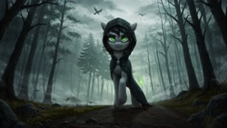 Size: 2560x1440 | Tagged: safe, ai content, derpibooru import, machine learning generated, oc, oc only, bird, crow, earth pony, pony, g4, cloak, clothes, dark, female, fog, forest, frown, generator:pony realism 2.1, glowing, glowing eyes, glowing eyes of doom, grass, lidded eyes, looking up, mare, nature, ominous, prompter:siber, raised hoof, raised leg, scenery, sinister, solo, tree