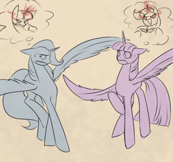 Size: 1700x1600 | Tagged: safe, artist:btanimator, derpibooru import, idw, trixie, twilight sparkle, twilight sparkle (alicorn), alicorn, pony, g4, reflections, spoiler:comic, alicorn amulet, alicornified, awkward, duo, duo female, ears, female, floppy ears, frown, glowing, glowing eyes, glowing horn, horn, looking at each other, looking at someone, mare, partial color, princess of humility, race swap, spread wings, thought bubble, trixiecorn, wings