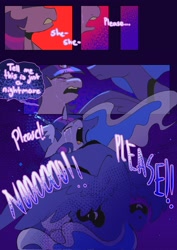 Size: 1448x2048 | Tagged: safe, artist:piesinful, derpibooru import, princess luna, twilight sparkle, unicorn twilight, alicorn, pony, unicorn, comic:unlucky day, fanfic:cupcakes, g4, big no, comic, crying, dialogue, duo, duo female, female, gritted teeth, hug, mare, no, teeth, yelling