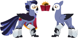 Size: 1280x631 | Tagged: safe, artist:strawberry-spritz, derpibooru import, oc, oc only, oc:solstice eclipse, classical hippogriff, hippogriff, bald face, beak, black hooves, black wingtips, blaze (coat marking), blue coat, cape, clothes, coat markings, colored claws, colored hooves, colored wings, colored wingtips, cutie mark on hippogriff, eye markings, facial markings, glasses, gradient mane, gradient tail, hippogriff oc, hooves, leg fluff, male, oc redesign, orange eyes, reference sheet, short mane, simple background, smiling, socks (coat marking), solo, tail, transparent background, two toned mane, two toned tail, two toned wings, wings