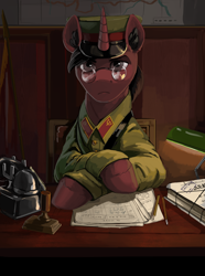 Size: 1560x2100 | Tagged: safe, artist:kelkessel, derpibooru import, oc, oc only, oc:danilka tsvetkov, pony, unicorn, equestria at war mod, bust, clothes, eaw redux, horn, male, portrait, solo, stallion, stalliongrad, uniform