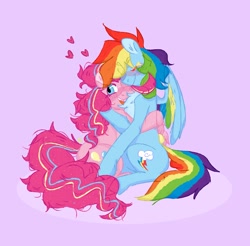 Size: 1623x1598 | Tagged: safe, artist:sparjechkaa, derpibooru import, pinkie pie, rainbow dash, earth pony, pegasus, pony, colored wings, curly hair, curly mane, duo, duo female, eyes closed, female, headcanon, hug, lesbian, looking back, multicolored wings, old art, one eye closed, pinkiedash, rainbow power, rainbow power-ified, rainbow wings, shipping, wings