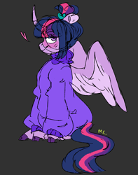 Size: 1225x1555 | Tagged: safe, artist:sparjechkaa, derpibooru import, twilight sparkle, twilight sparkle (alicorn), alicorn, clothes, dark background, hair bun, looking back, old art, sitting, sketch, solo, sweater