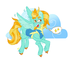 Size: 1710x1454 | Tagged: safe, artist:sparjechkaa, derpibooru import, lightning dust, pegasus, clothes, cloud, female, flying, looking back, old art, simple background, smiling, smirk, solo, uniform, white background, wonderbolts uniform