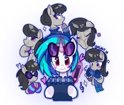 Size: 1982x1674 | Tagged: safe, artist:rlabbiy, derpibooru import, dj pon-3, octavia melody, vinyl scratch, earth pony, pony, unicorn, blushing, clothes, color outline, drawing, dress, duo, duo female, eyes closed, female, flower, gloves, heart, horn, lesbian, magic, mare, pencil, question mark, scarf, scratchtavia, shipping, simple background, telekinesis, white background