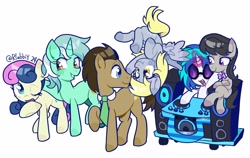 Size: 3149x1984 | Tagged: safe, artist:rlabbiy, derpibooru import, bon bon, derpy hooves, dj pon-3, doctor whooves, lyra heartstrings, octavia melody, sweetie drops, vinyl scratch, earth pony, pegasus, pony, unicorn, background six, female, horn, magic, male, mare, one eye closed, open mouth, raised hoof, raised leg, scrunchy face, simple background, sitting, smiling, stallion, telekinesis, upside down, white background, wubcart