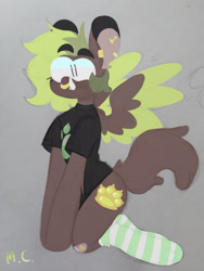 Size: 1620x2160 | Tagged: safe, artist:sparjechkaa, derpibooru import, oc, oc only, oc:sofa, pegasus, brass knuckles, clothes, cutie mark, digitally colored, ear piercing, fangs, female, feral, green hair, green wings, kneeling, looking at you, nose piercing, nose ring, old art, piercing, raised tail, shirt, sitting on knees, socks, solo, spread wings, striped socks, t-shirt, tail, thick eyebrows, traditional art, wings