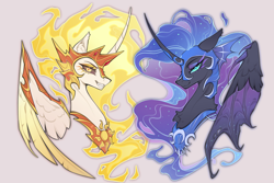 Size: 2400x1600 | Tagged: safe, artist:atardanto, derpibooru import, daybreaker, nightmare moon, princess celestia, princess luna, alicorn, pony, bust, duo, duo female, fangs, female, gray background, grin, mare, portrait, royal sisters, siblings, simple background, sisters, slender, smiling, spread wings, sternocleidomastoid, thin, wings