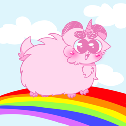 Size: 1024x1024 | Tagged: safe, artist:sparjechkaa, derpibooru import, oc, oc only, oc:sanechka, clothes, cloud, cosplay, costume, feral, feral fluffy pony, fluffy, fluffypuff, horn, old art, pink coat, pink fluffy unicorns dancing on rainbows, rainbow, solo, unicorn horn