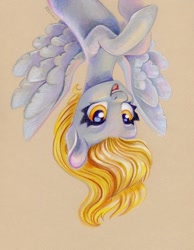 Size: 1008x1300 | Tagged: safe, artist:maytee, derpibooru import, derpy hooves, pegasus, pony, g4, bust, portrait, smiling, spread wings, traditional art, upside down, wings