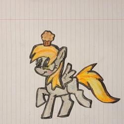 Size: 1408x1408 | Tagged: safe, artist:koidial, derpibooru import, part of a set, derpy hooves, pegasus, pony, g4, bipedal, craft, eyelashes, female, food, golden eyes, irl, lined paper, long description, mare, mixed media, muffin, papercraft, photo, raised hoof, raised leg, smiling, solo, spread wings, tail, traditional art, wings, yellow mane, yellow tail