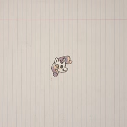 Size: 1374x1374 | Tagged: safe, artist:koidial, derpibooru import, part of a set, sweetie belle, pony, unicorn, g4, craft, dot eyes, female, head only, horn, irl, lined paper, long description, mixed media, papercraft, photo, profile, smiling, solo, tiny, tiny ponies, traditional art, two toned mane, unicorn horn, wavy mouth, white coat