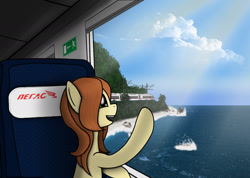 Size: 1402x1000 | Tagged: safe, artist:subway777, derpibooru import, oc, oc only, pony, ocean, solo, train, water