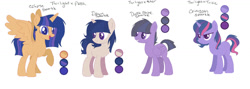 Size: 1280x454 | Tagged: safe, artist:selenaede, artist:trollertnt, derpibooru import, oc, oc:crimson sparkle, oc:dawn sparkle, oc:dusk shine sparkle, oc:eclipse sparkle, alicorn, pegasus, unicorn, alicorn oc, base used, female, group, half-siblings, horn, magical lesbian spawn, male, mare, next generation, offspring, open mouth, open smile, parent:flash sentry, parent:star tracker, parent:trixie, parent:twilight sparkle, parents:flashlight, parents:twitracker, parents:twixie, pegasus oc, purple eyes, quartet, siblings, simple background, smiling, stallion, unicorn oc, white background, wings