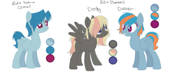 Size: 1093x495 | Tagged: safe, artist:selenaede, artist:trollertnt, derpibooru import, oc, oc:comet, oc:dasher, oc:derby, pegasus, pony, g4, base used, blue coat, blue mane, blue tail, color palette, colored eyebrows, colored eyelashes, colored pupils, female, folded wings, frown, gray coat, hair over eyes, half-siblings, magenta eyes, male, mare, narrowed eeyes, next generation, oc redesign, offspring, open mouth, open smile, parent:dumbbell, parent:rainbow dash, parent:soarin', parents:dumbdash, parents:soarindash, pegasus oc, pink eyes, purple eyelashes, purple eyes, purple pupils, siblings, simple background, sisters, smiling, spread wings, stallion, standing, tail, text, trio, two toned mane, two toned tail, white background, wings