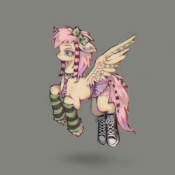 Size: 3500x3500 | Tagged: safe, artist:p1elemuisje, derpibooru import, fluttershy, pegasus, pony, g4, alternate design, alternate hairstyle, alternative, bow, choker, chokershy, clothes, colored pinnae, converse, coontails, dyed hair, dyed mane, dyed tail, ear piercing, earring, emo, eyebrow piercing, flying, goth, gray background, hair bow, jewelry, leg warmers, necktie, piercing, scene, scene queen, shoes, simple background, skirt, solo, spiked choker, spread wings, striped leg warmers, tail, unshorn fetlocks, wings