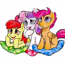 Size: 4252x4252 | Tagged: safe, artist:qianhe498, derpibooru import, apple bloom, scootaloo, sweetie belle, earth pony, pegasus, pony, unicorn, g4, cute, cutie mark crusaders, daaaaaaaaaaaw, female, filly, foal, horn, lying down, open mouth, pillow, prone, simple background, sitting on pillow, smiling, trio, trio female, white background