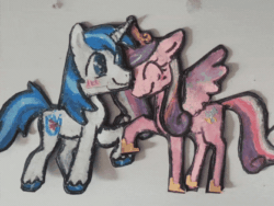 Size: 418x314 | Tagged: safe, artist:koidial, derpibooru import, part of a set, princess cadance, shining armor, alicorn, pony, unicorn, g4, animated, blue eyes, blush lines, blushing, colored wings, craft, crown, dot eyes, duo, duo male and female, eyelashes, eyes closed, female, gif, holding hooves, hoof shoes, horn, irl, jewelry, lined paper, long description, long mane, long tail, looking at someone, male, mare, meme, missing accessory, mixed media, multicolored mane, multicolored tail, papercraft, photo, princess shoes, profile, raised hoof, raised leg, regalia, shiningcadance, shipping, size difference, slender, smiling, smiling at someone, spiky mane, spiky tail, spread wings, standing, straight, tail, the bride and the ugly ass groom, thin, thin legs, three toned mane, three toned tail, tiara, traditional art, transformation, two toned mane, two toned tail, two toned wings, white coat, wings
