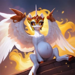 Size: 1024x1024 | Tagged: safe, ai content, derpibooru import, machine learning assisted, machine learning generated, daybreaker, alicorn, pony, g4, armor, belly, big belly, female, fire, horn, mare, prompter:jaguarcalamitydejv, sittin on wall, sitting, smiling, solo, wings