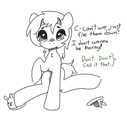 Size: 847x777 | Tagged: safe, artist:castafae, derpibooru import, oc, oc only, oc:velveteen, pony, bunny slippers, chest fluff, clothes, dialogue, distressed, fangs, female, horn, implied anon, innocent innuendo, looking at you, mare, monochrome, multiple horns, sitting, slippers, solo, teary eyes