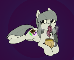 Size: 1061x864 | Tagged: safe, artist:pantsuholocaust, derpibooru import, oc, oc:crystal lake, earth pony, pony, breath, cider, female, lying down, mare, mug, prone, tongue, tongue out