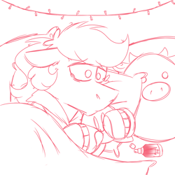 Size: 1080x1080 | Tagged: safe, artist:fuckomcfuck, derpibooru import, oc, oc:doodles, pegasus, pony, aftershave, alone, bags under eyes, bed, blanket, clothes, crying, fairy lights, hoodie, in bed, kirby, kirby (series), messy mane, pillow, plushie, simple background, sketch, solo, squishmallow, vent art, white background