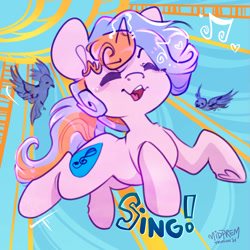 Size: 894x894 | Tagged: safe, artist:midnightpremiere, derpibooru import, oc, oc only, oc:dew song, bird, unicorn, eyes closed, flying, horn, jumping, music notes, open mouth, patterned background, singing, sparrow, sun, teeth