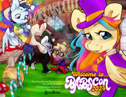 Size: 1017x786 | Tagged: safe, artist:midnightpremiere, derpibooru import, oc, oc:copper chip, oc:foreshock, oc:golden gates, oc:silver span, pegasus, unicorn, babscon, babscon mascots, bow, bubblegum, candy, candy cane, chocolate, clothes, convention, convention art, cowboy, cowboy hat, cowboy outfit, curly hair, facial hair, fake moustache, fizzy lifting drink, flying, food, ghirardelli, glasses, gum, hat, horn, looking at you, looking down, mascot, moustache, mushroom, red socks, socks, soda, suit, text, tuxedo, watermelon, willy wonka and the chocolate factory