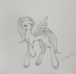 Size: 1679x1629 | Tagged: safe, artist:p1elemuisje, derpibooru import, fluttershy, pegasus, pony, g4, black and white, cute, ears, floppy ears, grayscale, hoof polish, looking down, monochrome, pencil drawing, sad, sadorable, signature, simple background, solo, spread wings, traditional art, transparent background, wings