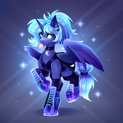 Size: 2717x2717 | Tagged: safe, artist:buvanybu, derpibooru import, princess luna, alicorn, pony, abstract background, alternate hairstyle, alternate tailstyle, backlighting, bipedal, blowing bubblegum, blue coat, blue eyes, blue eyeshadow, bodysuit, boots, bubblegum, choker, chokerluna, clothes, converse, ear fluff, ears, eye clipping through hair, eyelashes, eyeshadow, female, fishnet clothing, fishnet stockings, glowing, glowing mane, glowing tail, gradient mane, gradient tail, hoof boots, horn, leg fluff, lidded eyes, looking back, makeup, mare, multicolored mane, multicolored tail, partially open wings, ponytail, raised hoof, raised leg, shiny eyes, shiny mane, shiny tail, shoes, solo, sparkles, stockings, tail, thigh highs, tied mane, tied tail, unicorn horn, wall of tags, wings