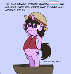 Size: 1958x2048 | Tagged: safe, artist:eltrash_art6, derpibooru import, oc, oc only, oc:trashy milk, pony, unicorn, blue background, boat, clothes, cosplay, costume, crossover, female, hat, horn, mare, monkey d. luffy, one piece, pride, pride flag, salute, scar, shirt, simple background, spanish, spanish text, straw hat, transgender pride flag, translated in the description