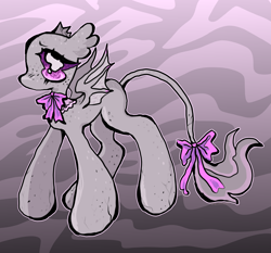 Size: 3898x3632 | Tagged: safe, artist:larvaecandy, derpibooru import, oc, oc only, oc:cementine, bat pony, gargoyle, pony, abstract background, artfight, bald, bat pony oc, big eyes, big hooves, blush lines, blushing, body freckles, colored sclera, colored wings, colored wingtips, concave belly, cracked, ear freckles, ears, eyelashes, floppy ears, freckles, gift art, gray body, gray tail, high res, lace collar, leg freckles, long legs, long tail, multicolored wings, neck bow, no mane, no mouth, no pupils, outline, pink bow, pink eyes, pink sclera, pink wingtips, profile, solo, spread wings, standing, stone, tail, tail freckles, thin, thin tail, torn ear, veiny wings, watermark, wingding eyes, wings