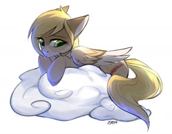 Size: 1749x1361 | Tagged: source needed, safe, artist:enjaadjital, derpibooru import, oc, oc only, pegasus, pony, cloud, colored wings, ears, eyebrows, eyebrows visible through hair, female, floppy ears, folded wings, looking down, lying down, lying on a cloud, mare, on a cloud, pegasus oc, prone, simple background, solo, two toned wings, white background, wings