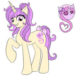 Size: 573x567 | Tagged: safe, artist:sugarlala-wut, derpibooru import, oc, oc only, pony, unicorn, bow, female, grin, horn, mare, pigtails, raised hoof, raised leg, simple background, smiling, standing, tail, tail bow, unicorn oc, unnamed oc, white background