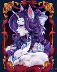 Size: 1080x1350 | Tagged: safe, alternate version, artist:setomie, derpibooru import, rarity, anthro, unicorn, g4, blood, breasts, bust, cleavage, clothes, ear piercing, female, horn, jewelry, lipstick, looking at you, necklace, piercing, portrait, red lipstick, ring, solo