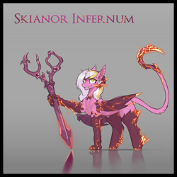 Size: 3000x3000 | Tagged: safe, artist:nsilverdraws, derpibooru import, oc, oc only, oc:skianor infernum, demon, demon pony, pony, claws, female, fluffy, gradient background, kyrion, mare, reflection, scissor blade, solo, weapon, wings