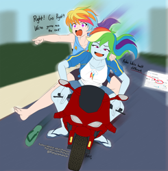 Size: 4800x4900 | Tagged: safe, artist:pshyzomancer, color edit, derpibooru import, edit, rainbow dash, human, equestria girls, g4, absurd resolution, clothes, colored, crossover, crush crush, cute, dashabetes, dialogue, duo, duo female, feet, female, feminism, flip-flops, google maps, hoodie, iro, iro kawase, meme, motorcycle, motorcyclist, open hoodie, pointing, pride, pride flag, rainbow dash is best human, rainbow sass, sandals, shirt, sleeves rolled up, t-shirt, text