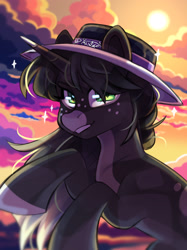 Size: 1902x2538 | Tagged: safe, artist:cheekipone, derpibooru import, oc, oc:obsidian limelight, crystal pony, unicorn, bust, green eyes, hat, horn, looking at you, portrait, smiling, smiling at you, square pupils, sunset