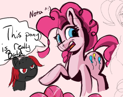 Size: 588x466 | Tagged: safe, derpibooru import, pinkie pie, oc, oc:zippers, earth pony, pony, angry, bald, duo, reference, simple background, speech bubble, text