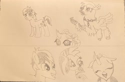 Size: 2780x1819 | Tagged: safe, artist:mlpfantealmintmoonrise, derpibooru import, ocellus, sandbar, silverstream, changedling, changeling, hippogriff, pony, g4, atg 2024, collage, colt, female, foal, male, miniature, monochrome, newbie artist training grounds, offscreen character, pencil drawing, scene interpretation, simple background, traditional art, trio