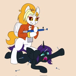 Size: 2048x2048 | Tagged: safe, artist:peel_a_na, derpibooru import, oc, oc only, oc:dyx, oc:nyx, alicorn, clothes, collar, duo, duo female, fangs, female, jacket, simple background, toy gun