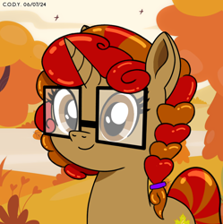 Size: 1980x1986 | Tagged: safe, artist:codenamekid, derpibooru import, oc, oc only, oc:maple m. melody, bird, pony, unicorn, afternoon, autumn, braid, cute, eyelashes, falling leaves, glasses, highlights, horn, leaves, looking at you, maple leaf, shading, sky, solo, text, tree, water