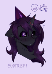 Size: 2480x3508 | Tagged: safe, artist:cherry_kotya, derpibooru import, oc, oc:enderdan t'dark, alicorn, pony, alicorn oc, birthday art, black coat, black sclera, blush lines, blushing, bust, cheek fluff, chest fluff, colored ear fluff, colored mouth, colored sclera, ear fluff, ears, emanata, emoji, floppy ears, flustered, gift art, gray mouth, hat, high res, horn, long mane, male, narrowed eyes, open mouth, party hat, pink background, plewds, portrait, purple eyes, purple mane, purple text, simple background, solo, sparkly mane, stallion, stallion oc, striped horn, sweat, sweatdrops, text, unicorn horn, wings