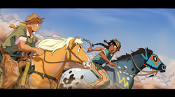 Size: 2048x1142 | Tagged: safe, artist:bixels, derpibooru import, applejack, rainbow dash, horse, human, duo, duo female, female, horsebackriding, humanized, humans riding horses, moderate dark skin, reins, riding, sweat, tan skin, the grand galloping 20s, windswept hair