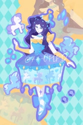 Size: 1060x1600 | Tagged: safe, artist:77-oplpd, artist:kkk8372178, derpibooru import, rarity, human, pony, unicorn, equestria girls, g4, abstract background, blue dress, clothes, dress, female, horn, humanized, purple hair, solo