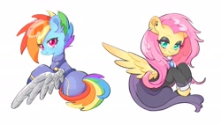 Size: 3028x1705 | Tagged: safe, artist:chonpsk, derpibooru import, fluttershy, rainbow dash, pegasus, pony, g4, alternate timeline, amputee, apocalypse dash, artificial wings, augmented, clothes, crystal war timeline, cute, duo, duo female, eye clipping through hair, eye scar, eyebrows, eyeshadow, facial scar, female, fluttergoth, frown, half body, high res, looking at you, looking back, looking back at you, makeup, mare, prosthetic limb, prosthetic wing, prosthetics, scar, simple background, spread wings, white background, wings