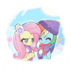 Size: 2305x2305 | Tagged: safe, artist:chengzi82020, derpibooru import, fluttershy, rainbow dash, pegasus, pony, christmas, cute, daaaaaaaaaaaw, duo, duo female, earmuffs, female, flutterdash, holiday, lesbian, shipping, snow, snowfall