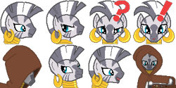 Size: 384x192 | Tagged: safe, artist:scootaloormayfly, derpibooru import, zecora, zebra, g4, cloak, clothes, confused, drugs, exclamation point, looking at you, multeity, needle, pixel art, question mark, rpg maker, simple background, solo, sprite, surprised, transparent background