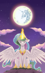 Size: 1247x2000 | Tagged: safe, artist:arcane-thunder, derpibooru import, princess celestia, alicorn, pony, g4, atg 2024, crown, crying, ears, ethereal mane, ethereal tail, eyes closed, female, floppy ears, full moon, glowing, glowing horn, hoof shoes, horn, jewelry, long mane, long tail, mare, mare in the moon, moon, newbie artist training grounds, partially open wings, peytral, princess shoes, raising the moon, regalia, sitting, solo, tail, wings